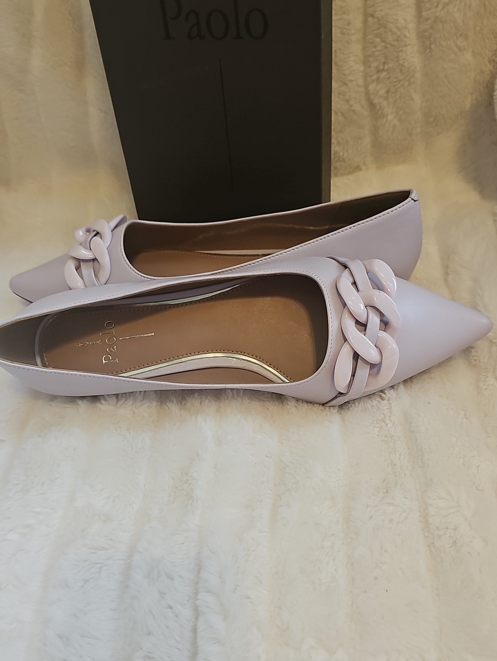Paolo Pointed-Toe Flats with Gloss Chain in Pale Lavender